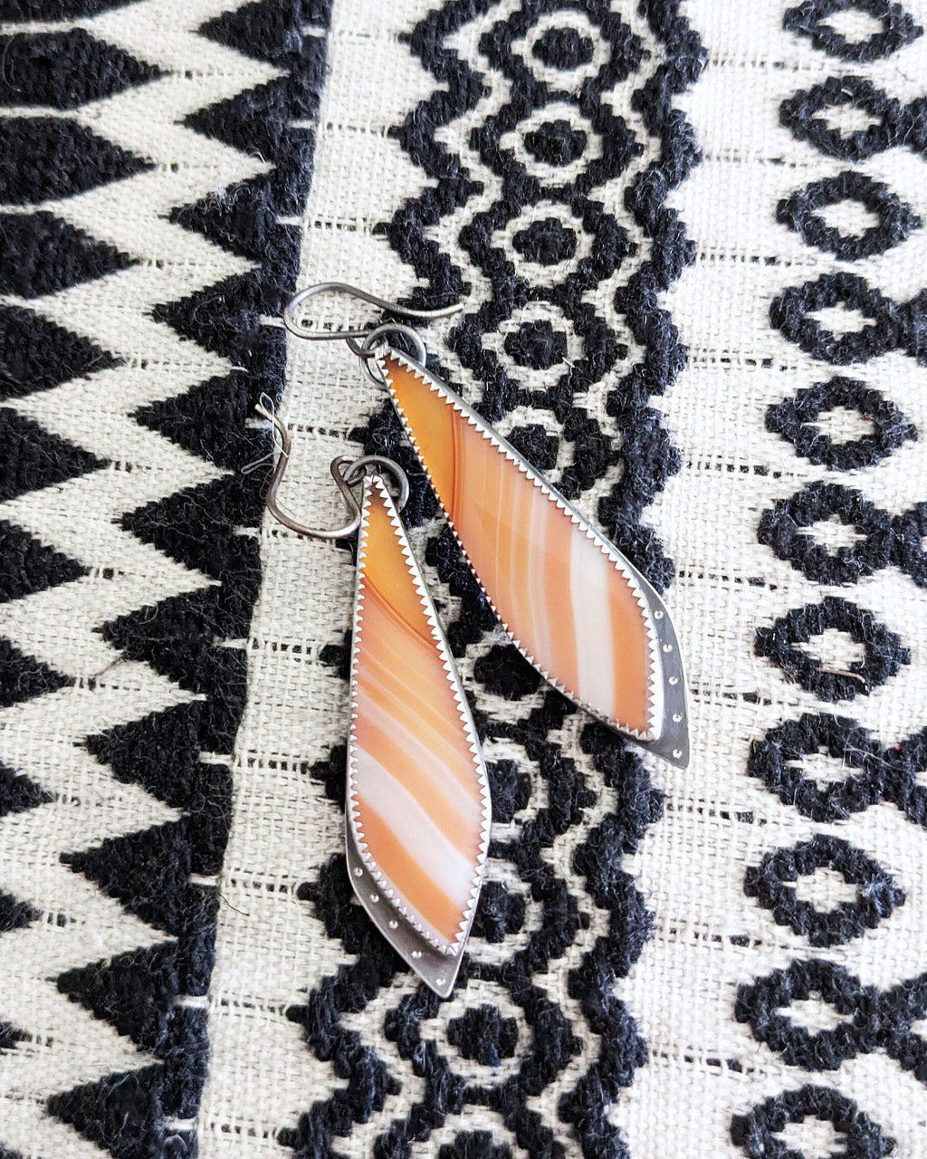 Long sterling silver drop earrings with asymmetrical banded agate