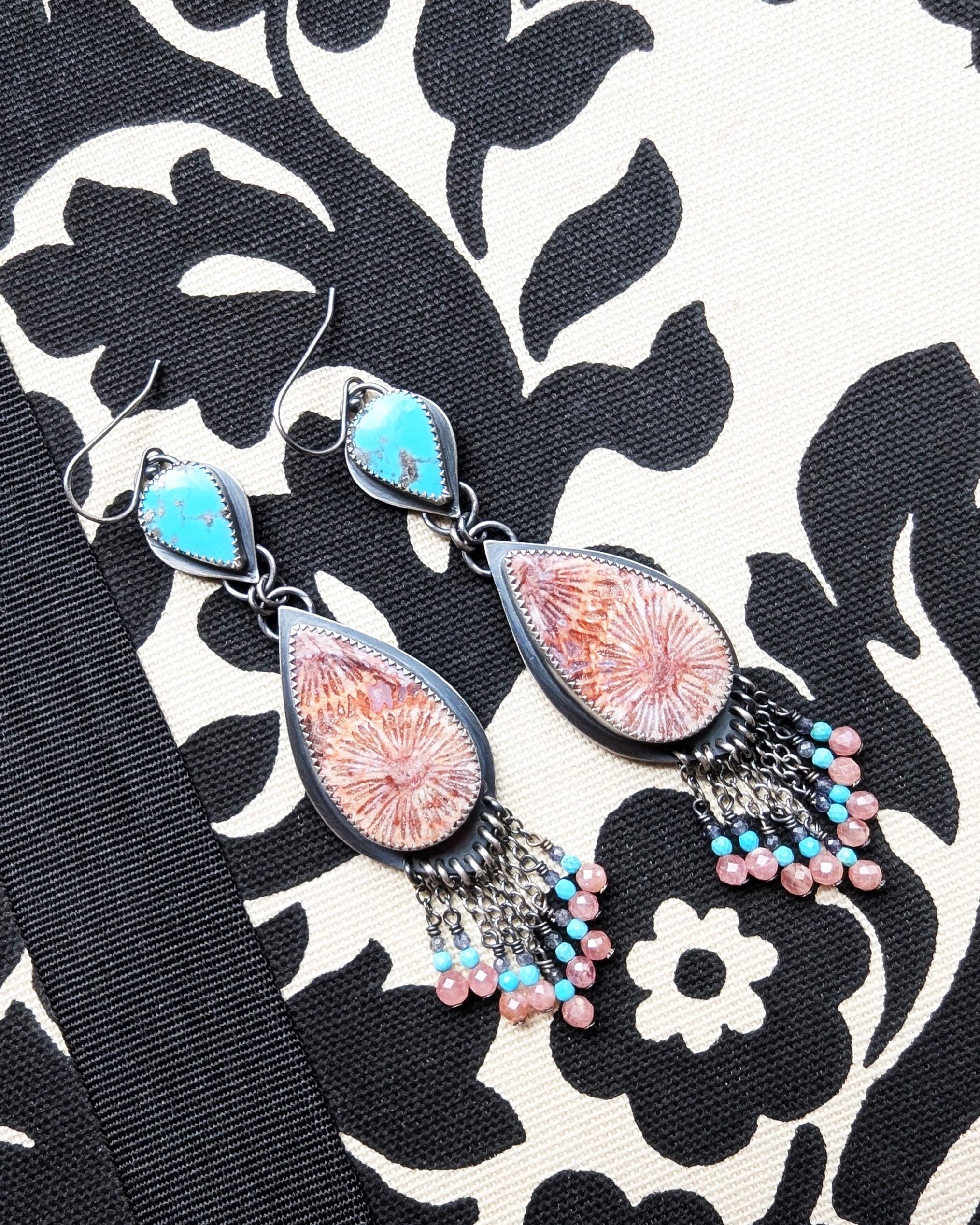 Colorful artisan earrings with fossil coral druzy sparkle and gemstone fringe