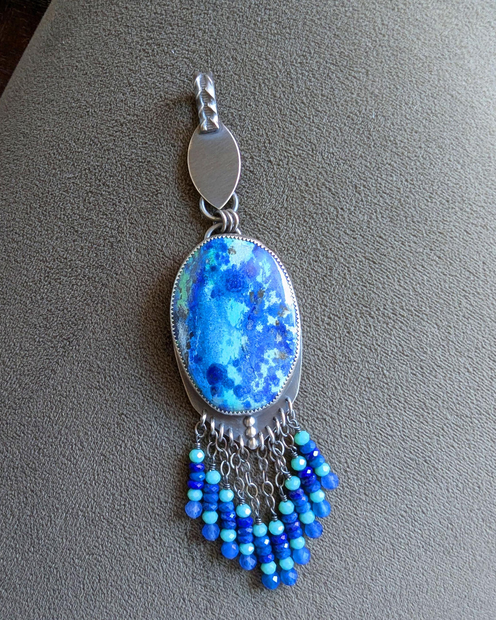 Tropical blue statement necklace with gemstone bead fringe