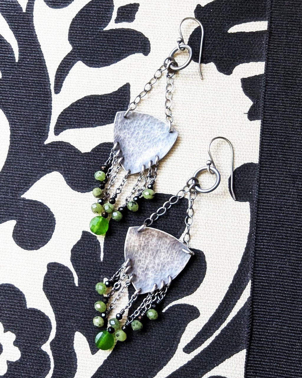 Green jade and nephrite chandelier earrings in oxidized sterling silver