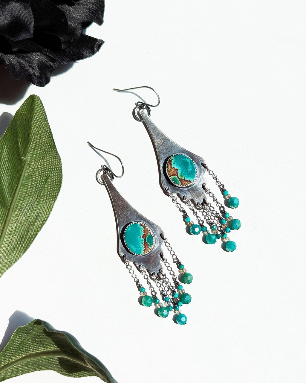 Southwestern-inspired earrings with oxidized silver and mixed stone fringe