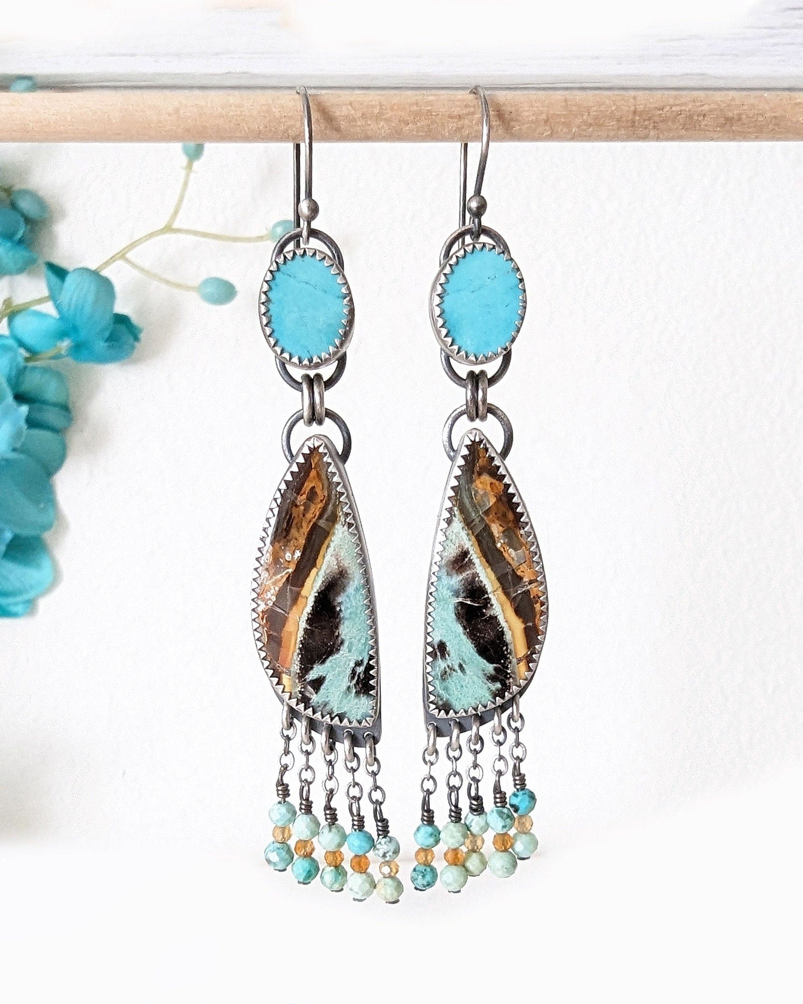 Tibetan turquoise and opalized wood asymmetrical earrings