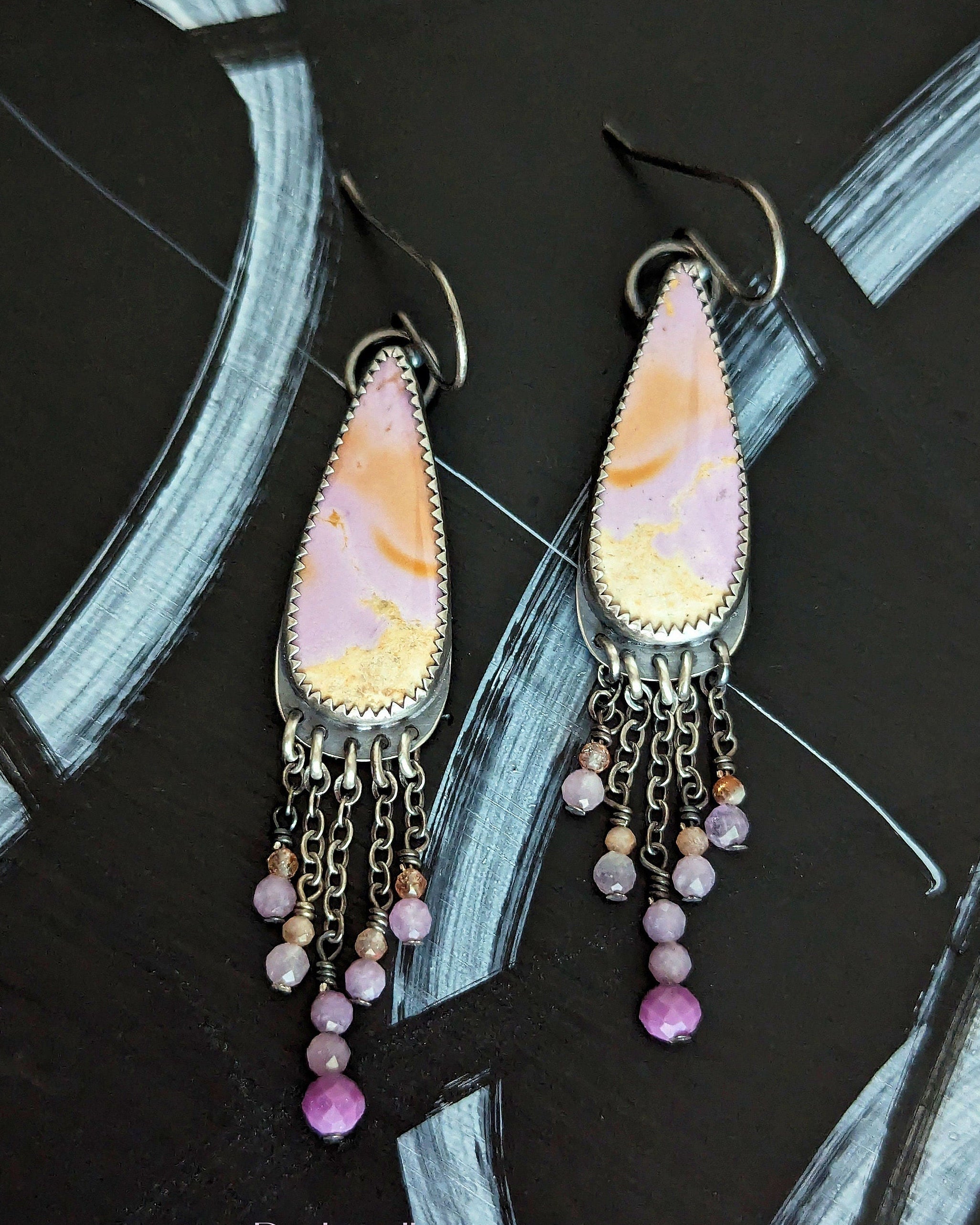 Artisan pastel gemstone earrings with lepidolite and sunstone
