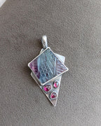 Asymmetrical artisan fluorite pendant with beaded fringe