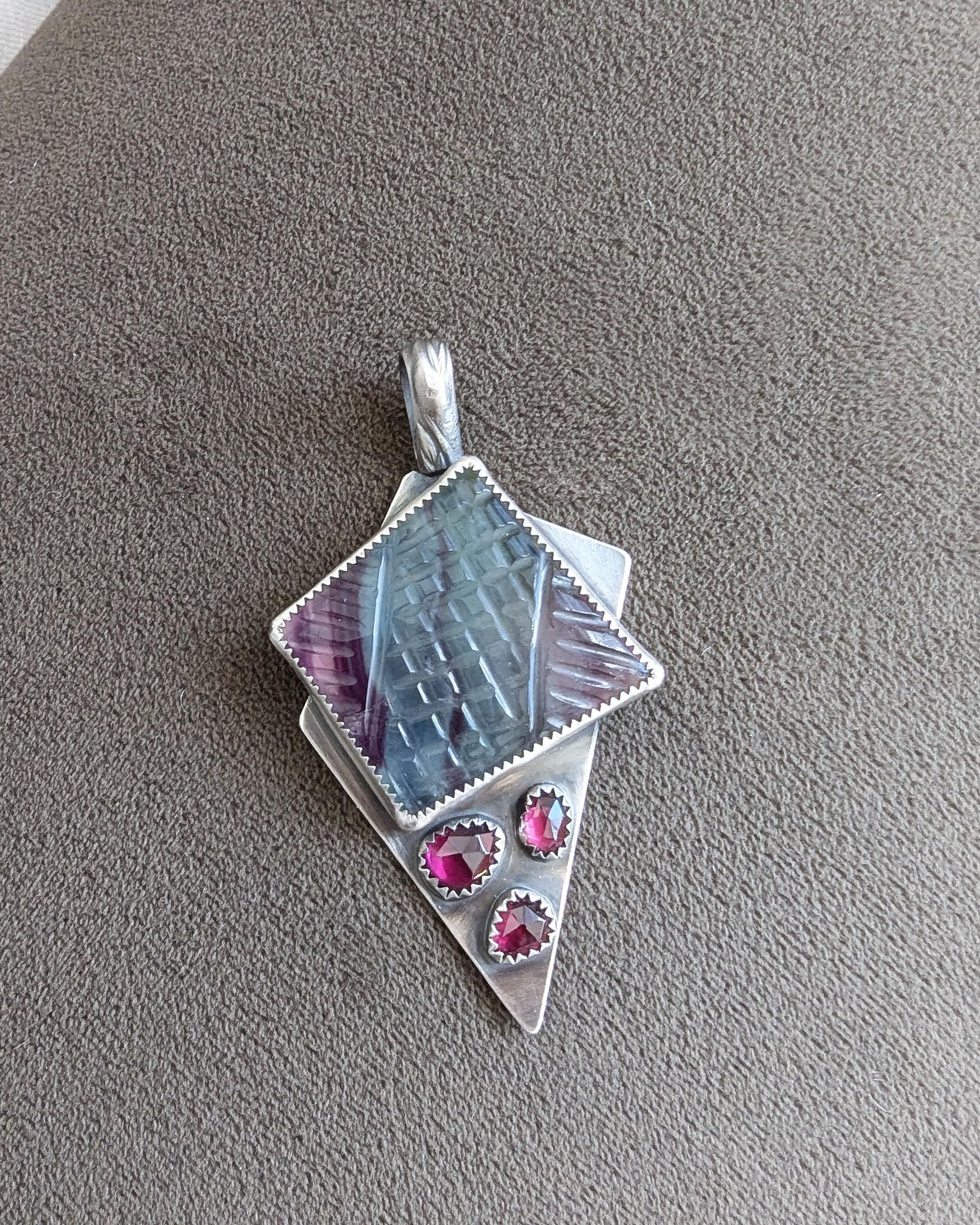 Asymmetrical artisan fluorite pendant with beaded fringe