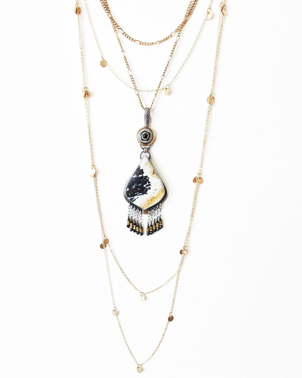 Butter yellow druzy agate pendant with vintage German glass bail shown on chain and with layering necklaces for styling