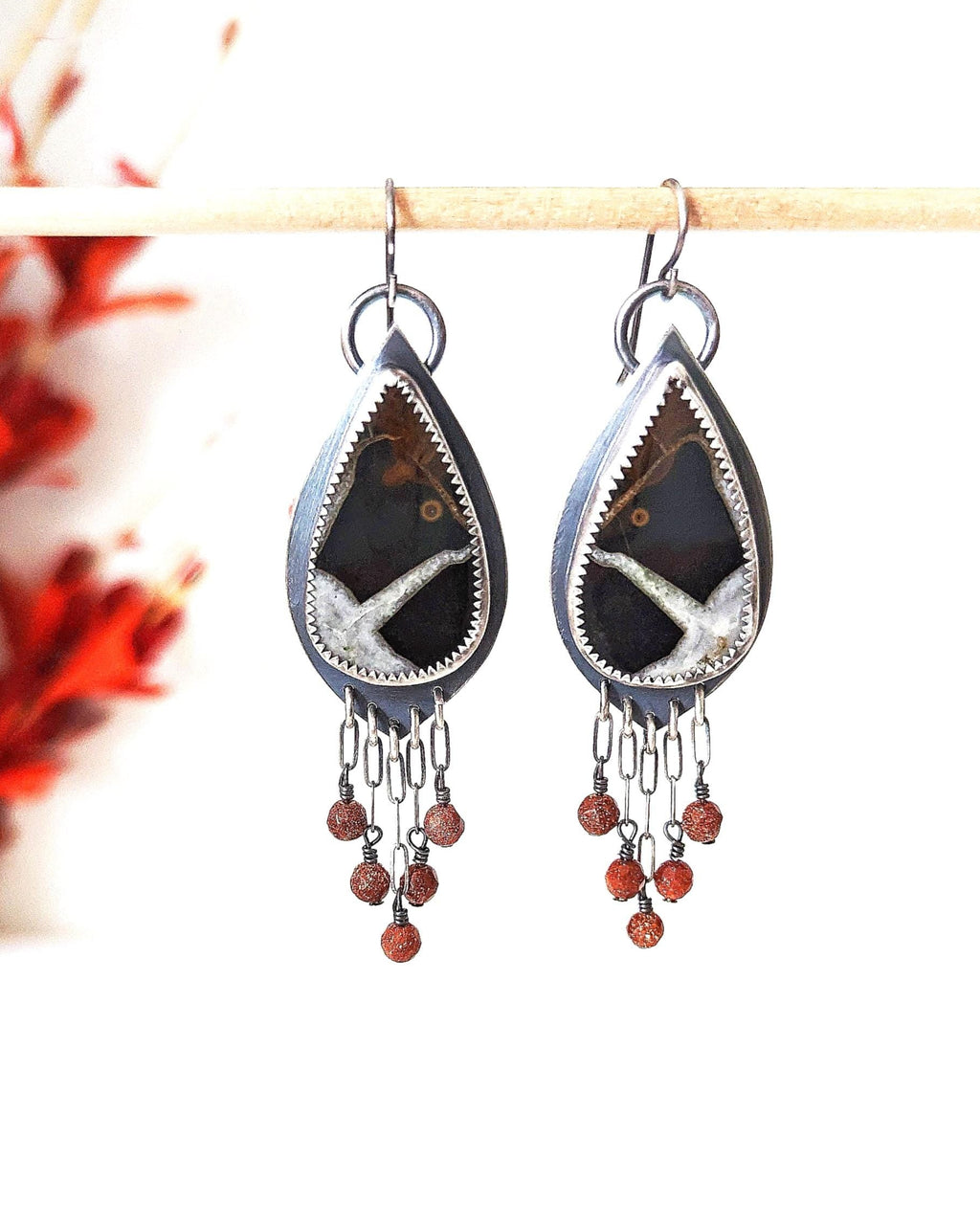 Septarian fossil earrings in oxidized sterling silver