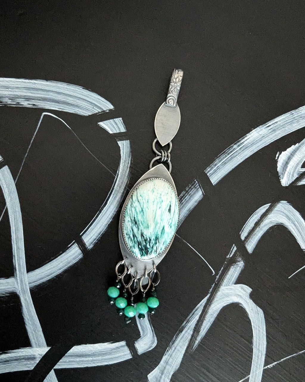 Green scolecite statement pendant necklace with turquoise fringe