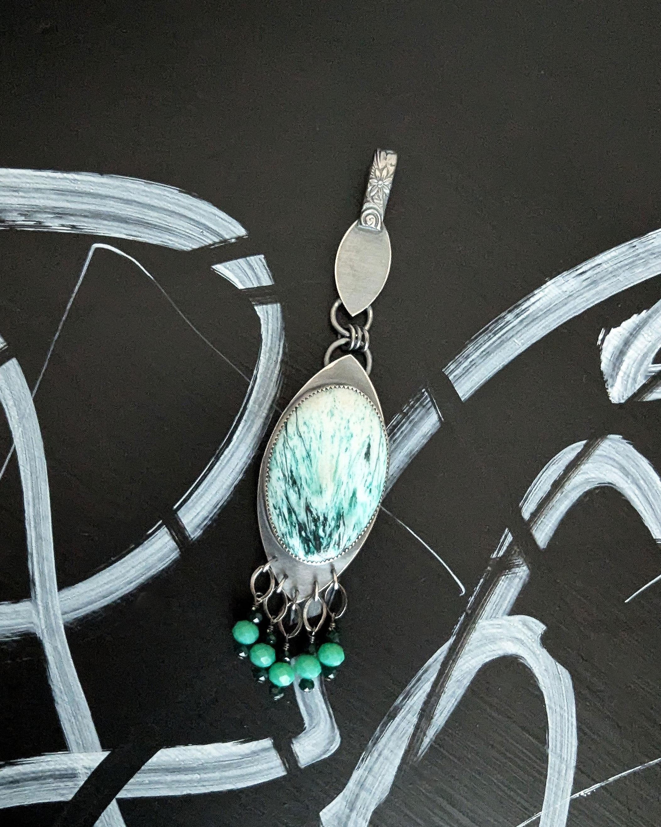Green scolecite statement pendant necklace with turquoise fringe