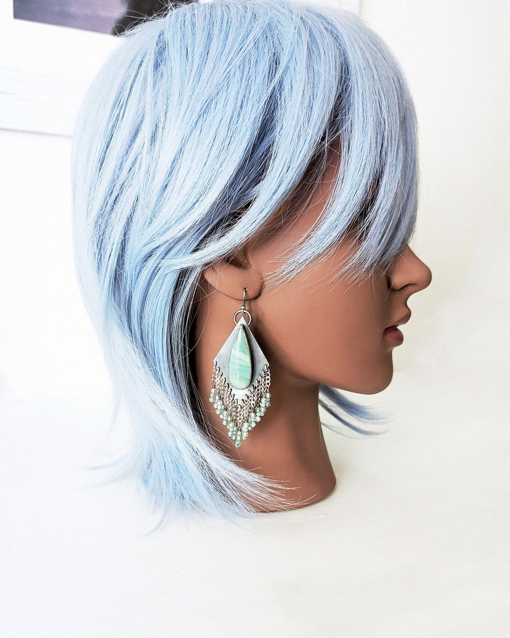 Handcrafted imperial jasper and CZ earrings by Rebellenhaus shown on mannequin for scale