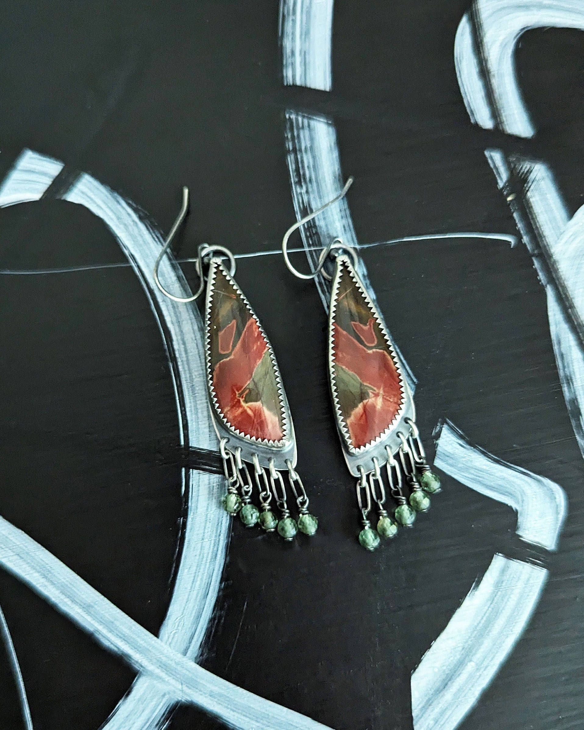 Earthy red and green gemstone fringe earrings