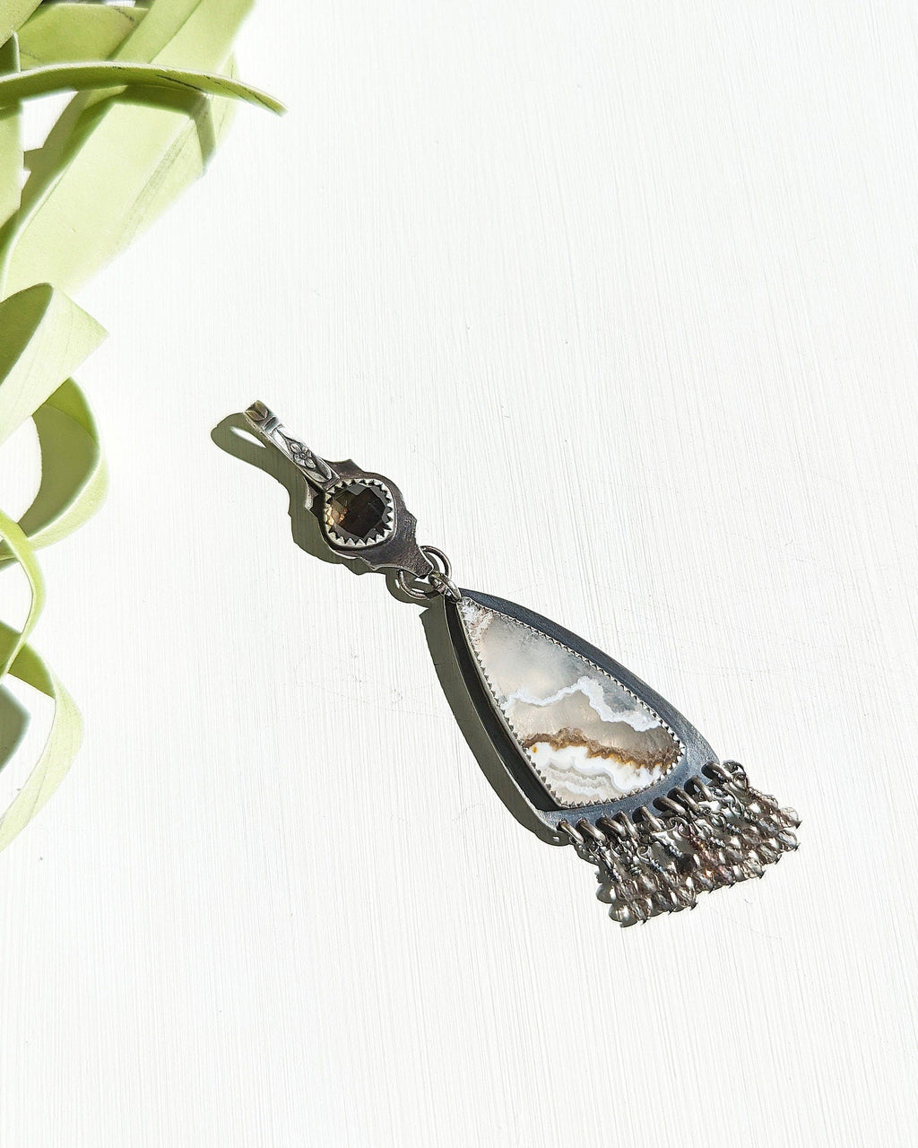 Two-stone sterling silver necklace with patterned lace agate