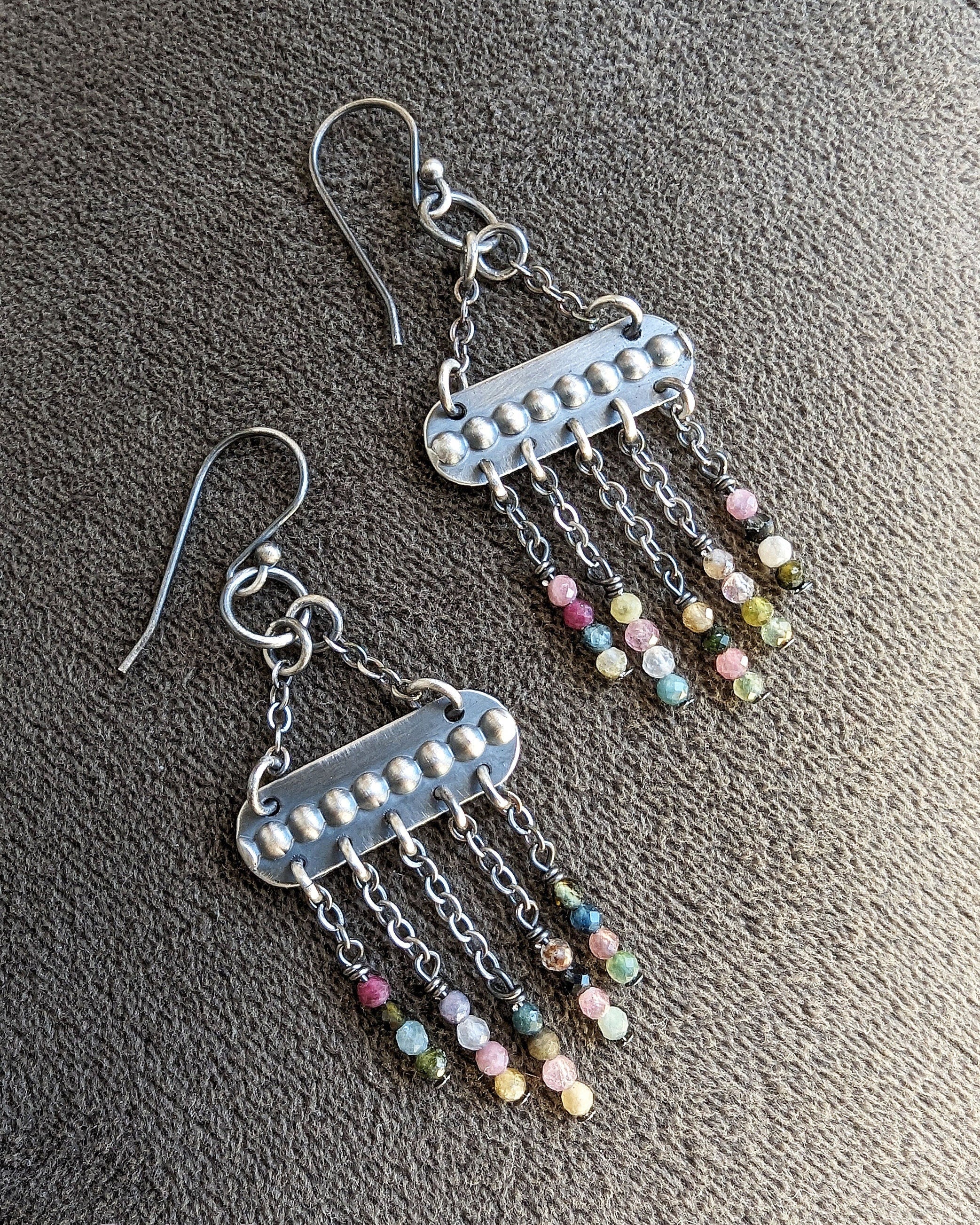 Lightweight oxidized sterling silver gemstone chandelier earrings