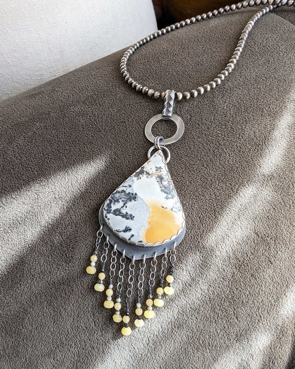 Zebra jasper and yellow jade beaded fringe pendant shown on chain (not included)