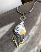 Zebra jasper and yellow jade beaded fringe pendant shown on chain (not included)