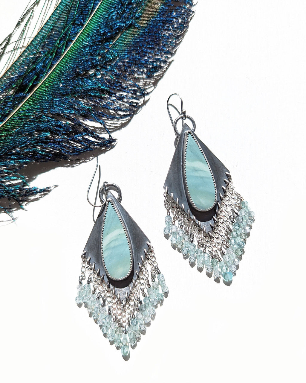 Teardrop jasper dangle earrings with aqua CZ beads