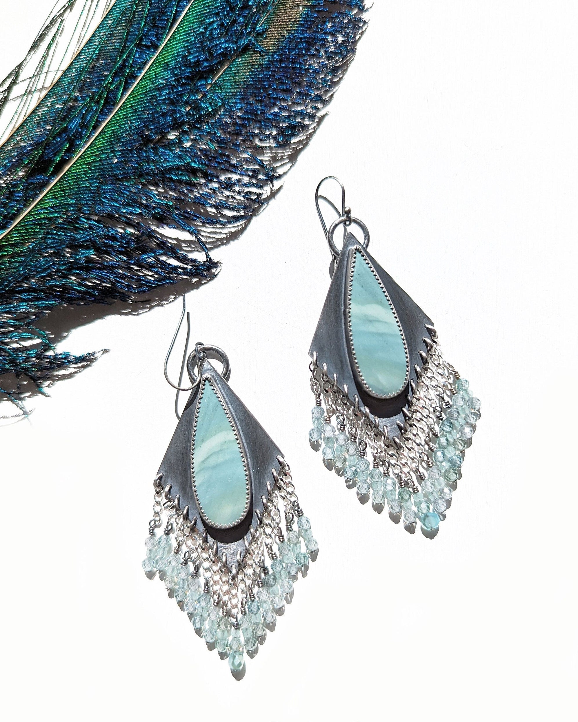 Teardrop jasper dangle earrings with aqua CZ beads