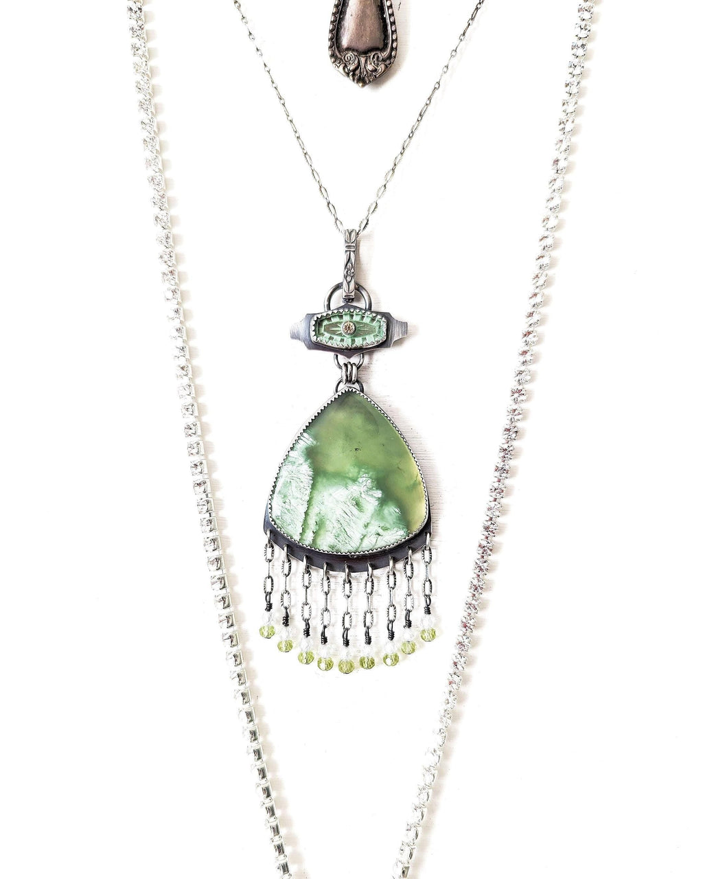 Lime green serpentine pendant in oxidized sterling silver with vintage glass bail
