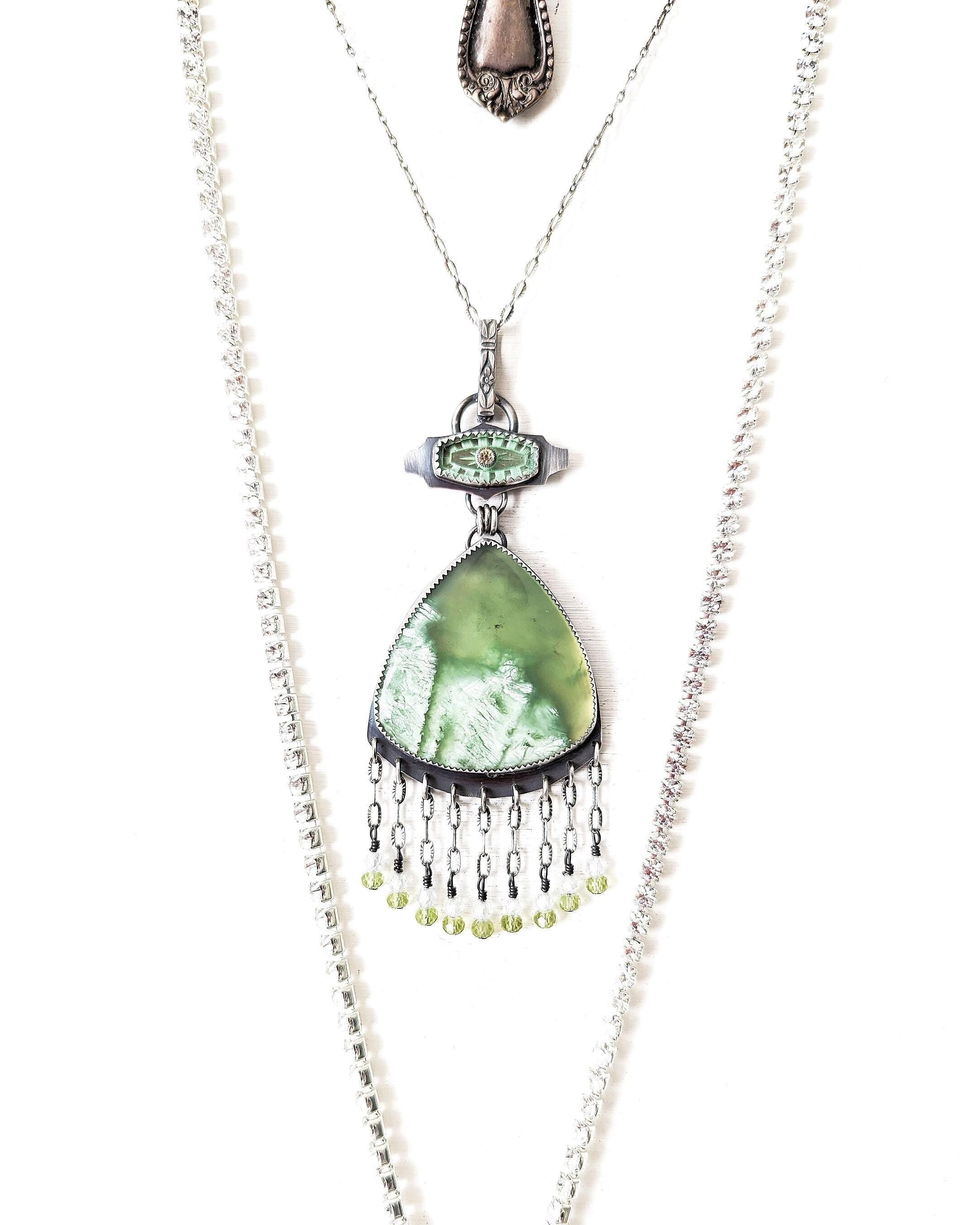 Lime green serpentine pendant in oxidized sterling silver with vintage glass bail