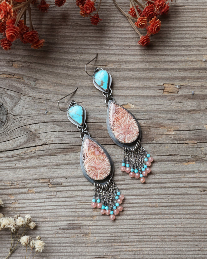 Bohemian statement earrings featuring turquoise coral and mixed gemstone beads