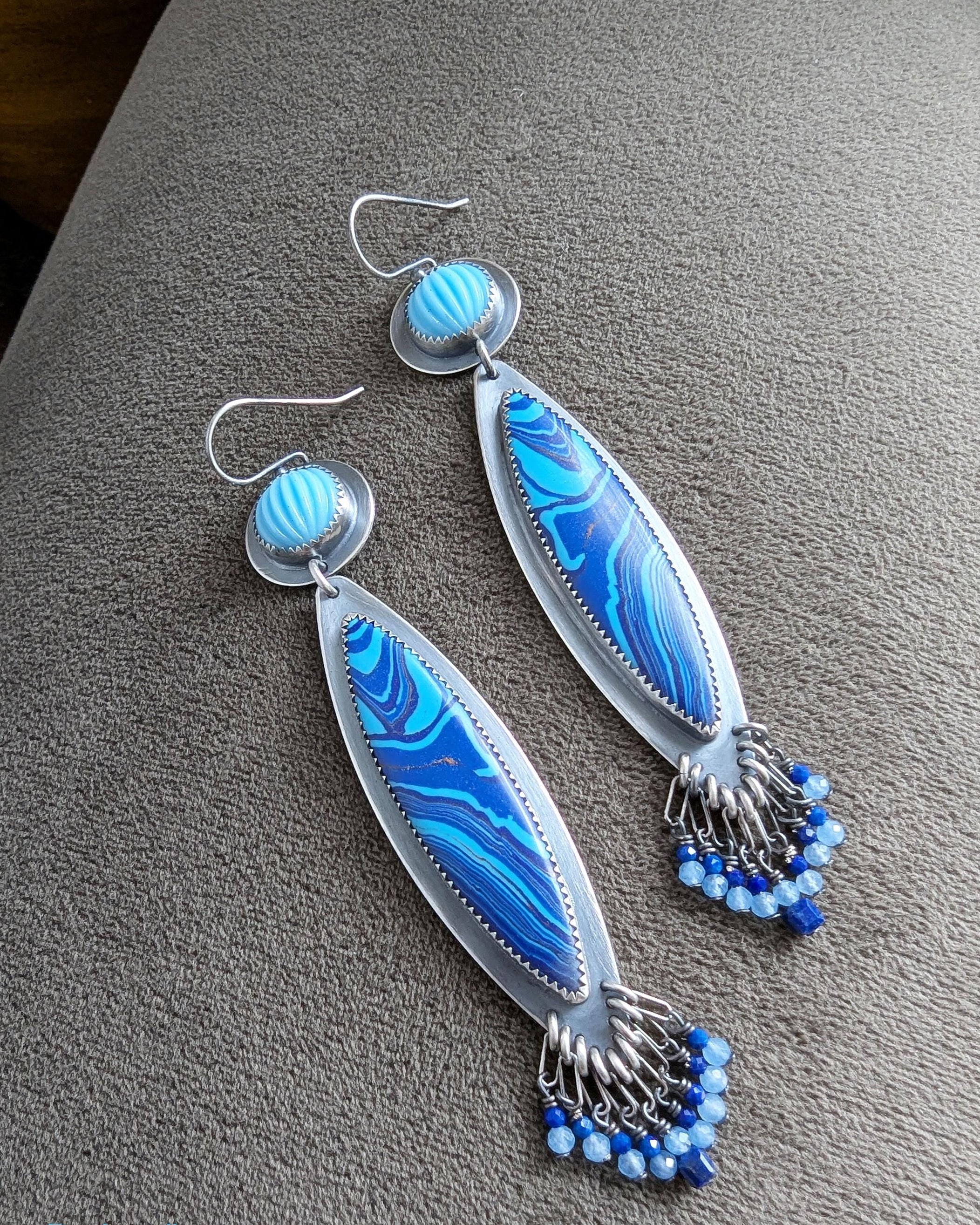 Long two-stone drop earrings with lapis lazuli fringe