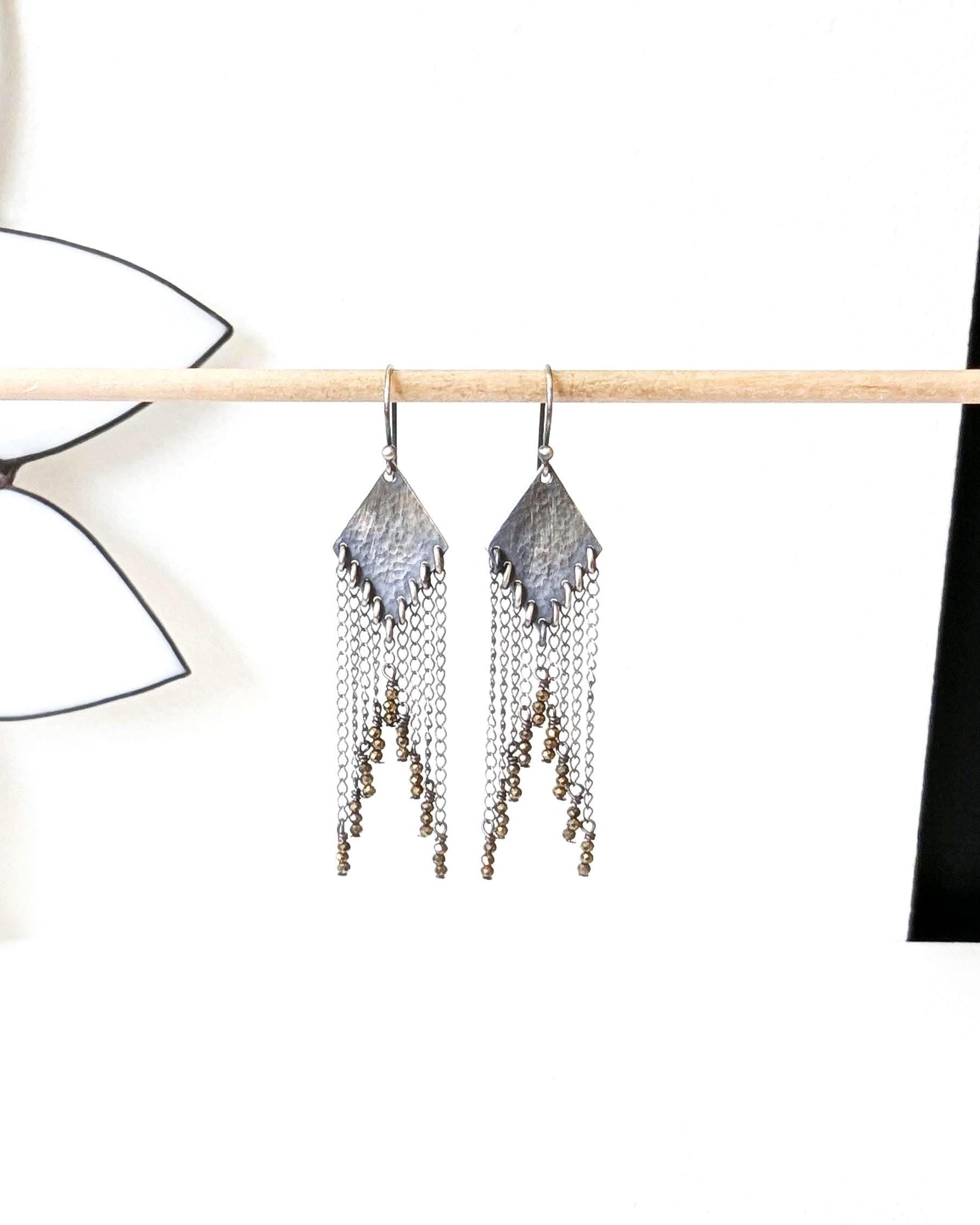 Pyrite fringe earrings with diamond-shaped oxidized sterling silver drops
