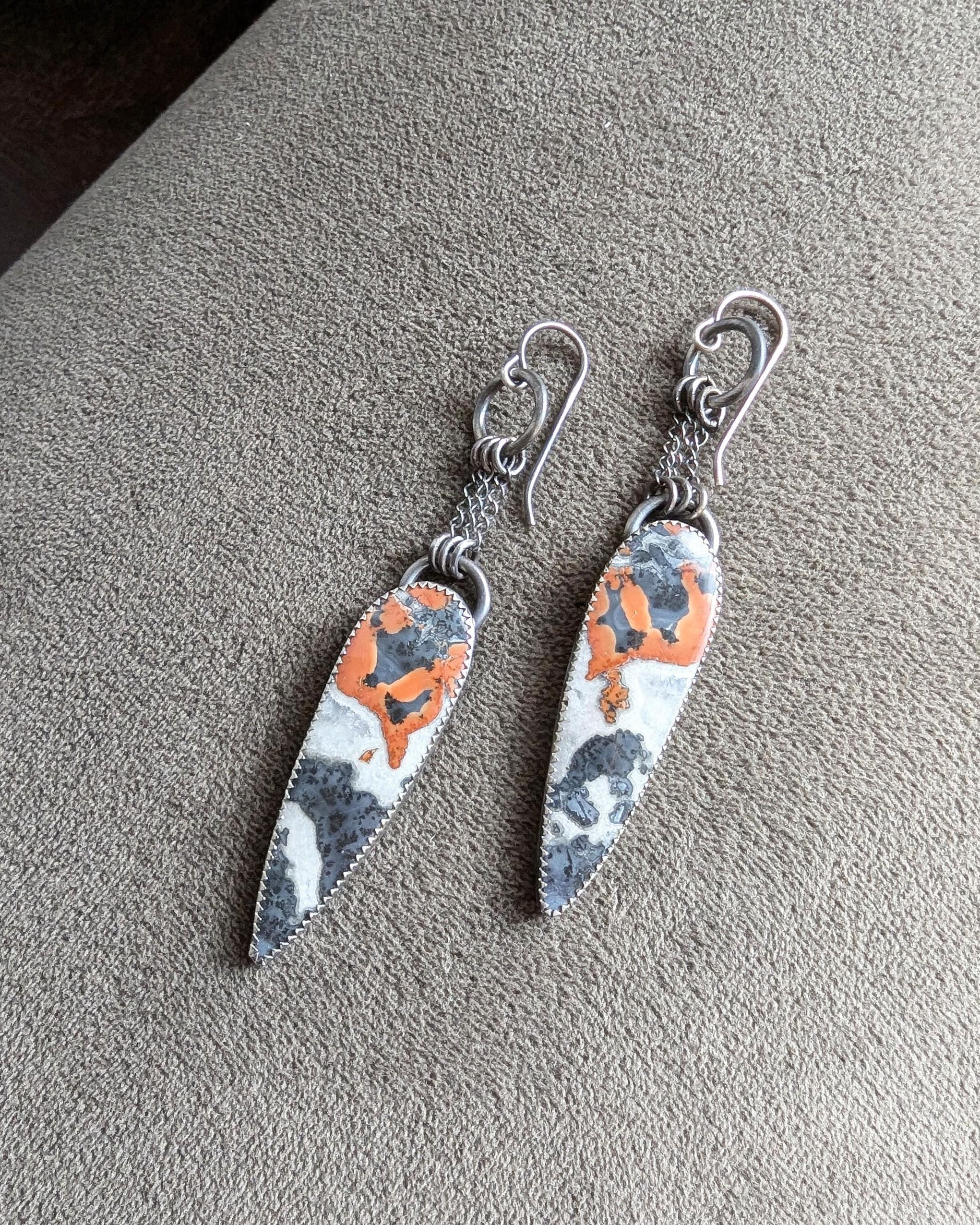 Artisan handmade jasper earrings with layered silver chain drops