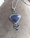 Blue goldstone chandelier pendant with cubic zirconia fringe in sterling silver shown on chain (not included)