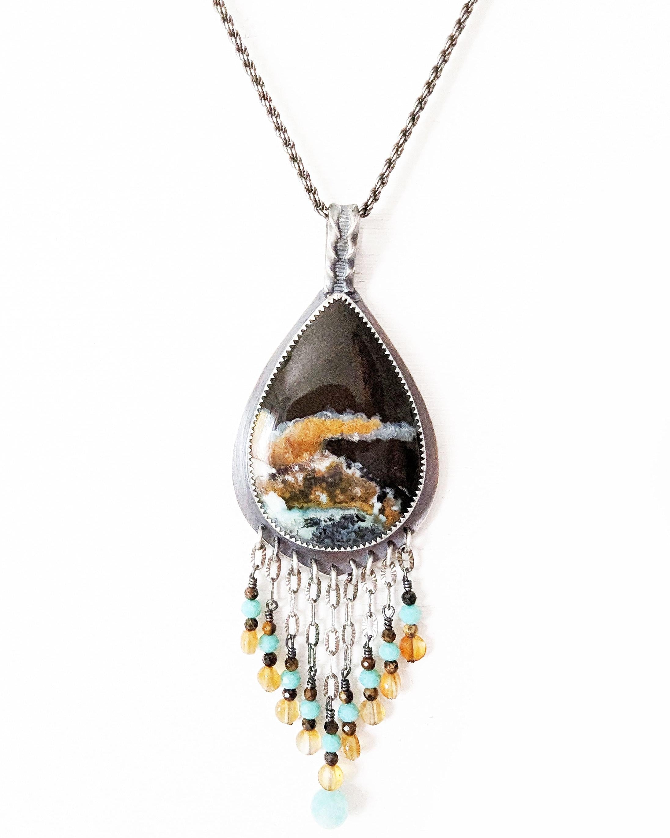 Oxidized sterling silver statement pendant with earthy gemstone fringe shown on chain (not included)
