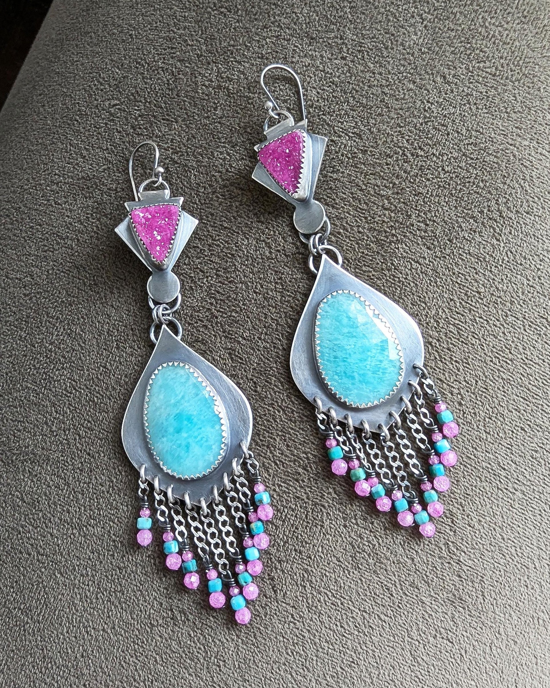 Art Deco inspired two-stone statement earrings with gemstone fringe