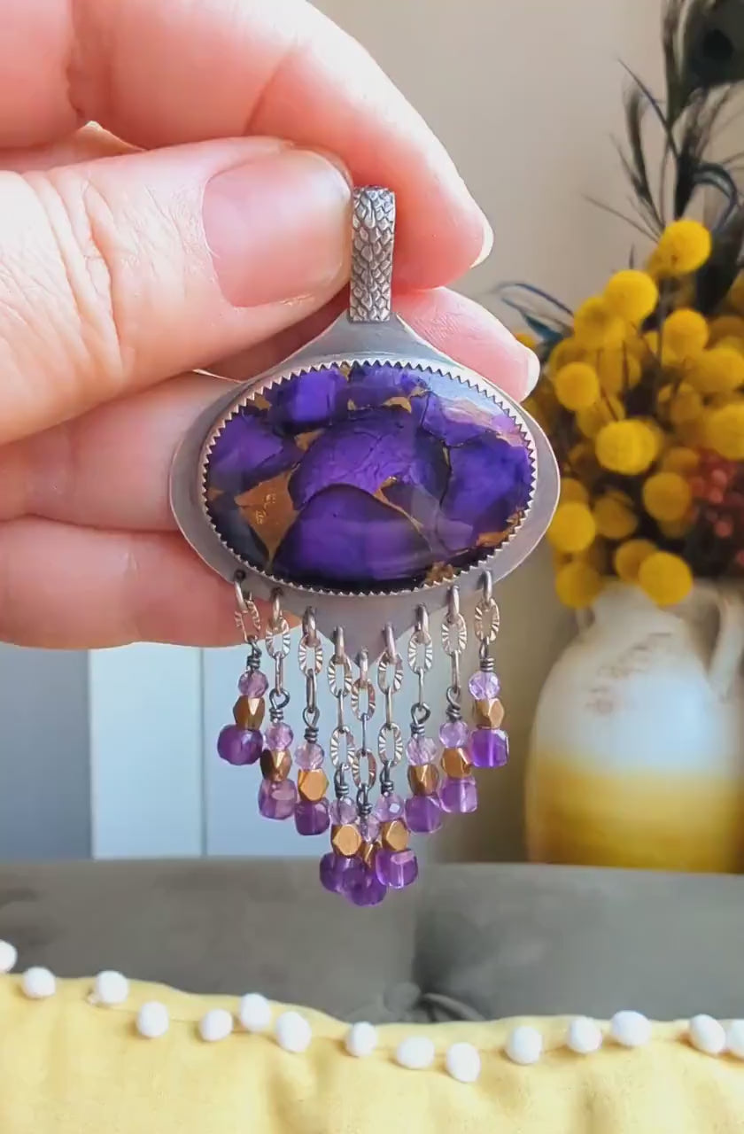 Video of purple copper turquoise and amethyst fringe silver pendant