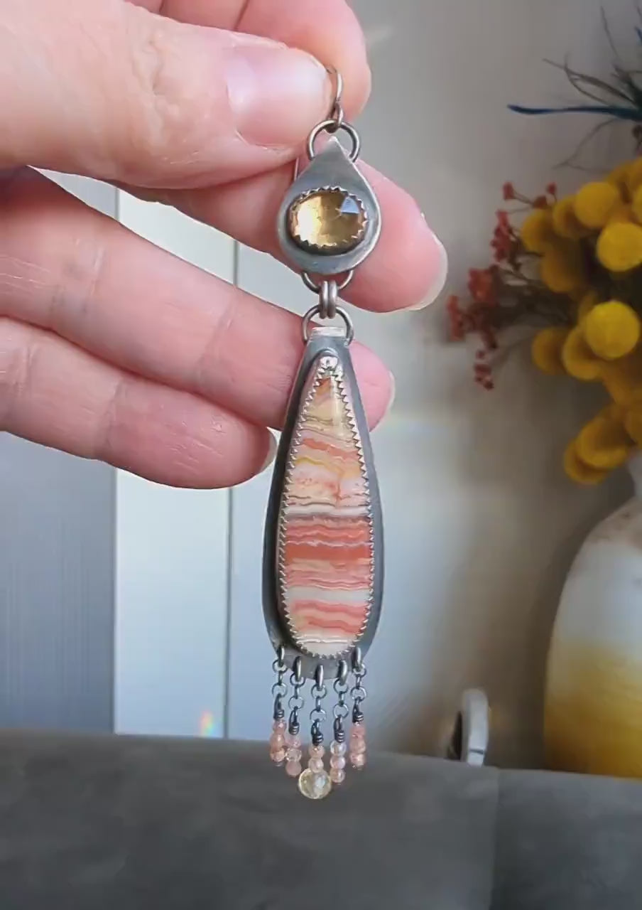 Video of banded agate and citrine earring with bead fringe