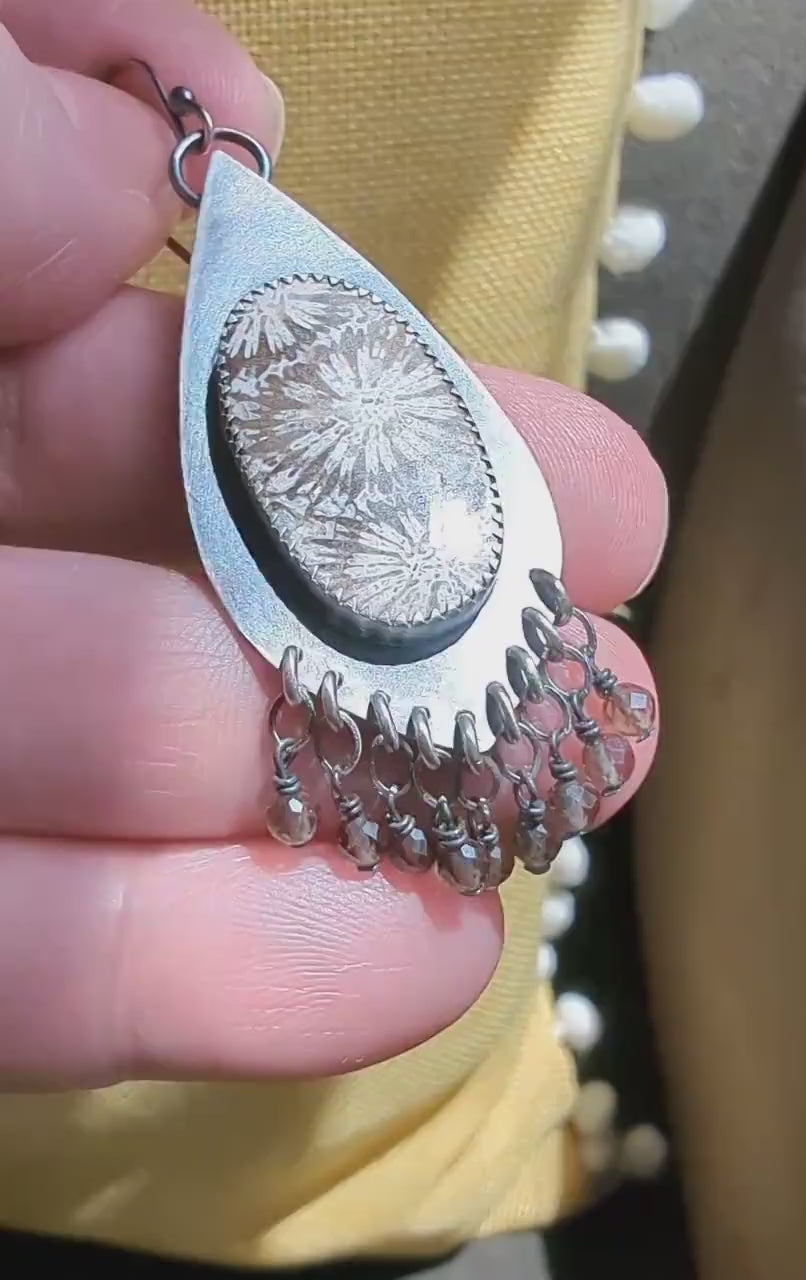 Video of fossil coral smoky quartz earrings by Rebellenhaus