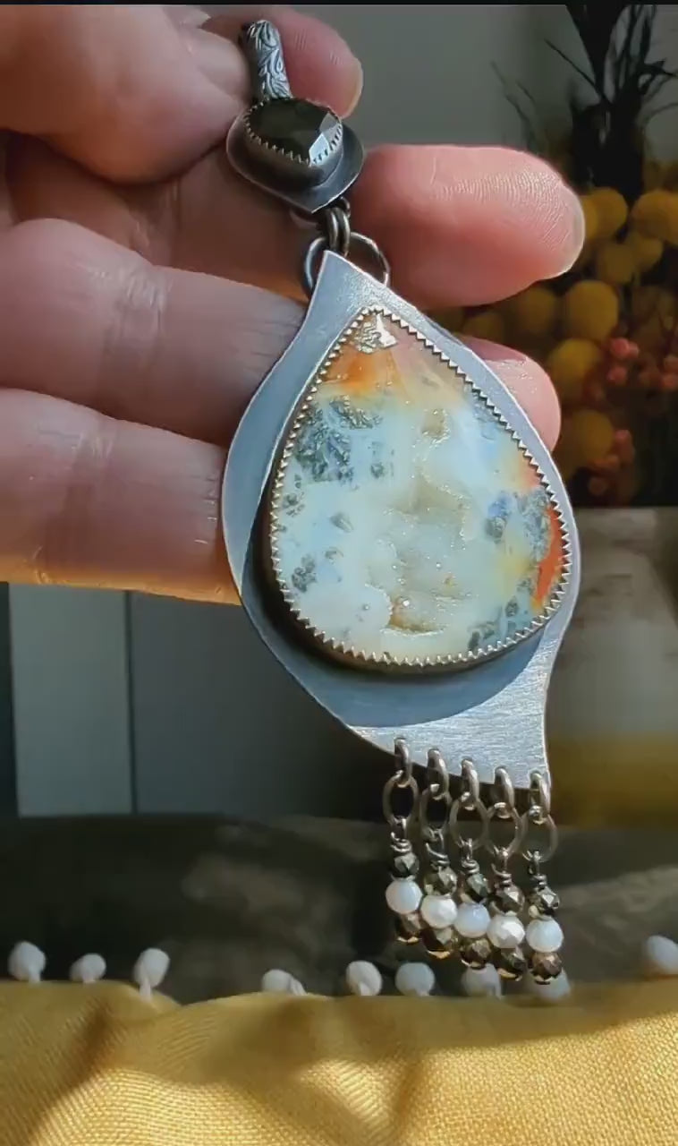 Video of Collector sterling silver pendant featuring druzy agate and pyrite contrast