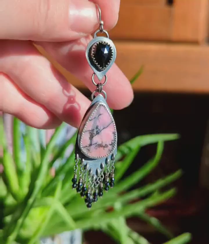 Video of One of a kind black spinel rhodonite earrings by Rebellenhaus 