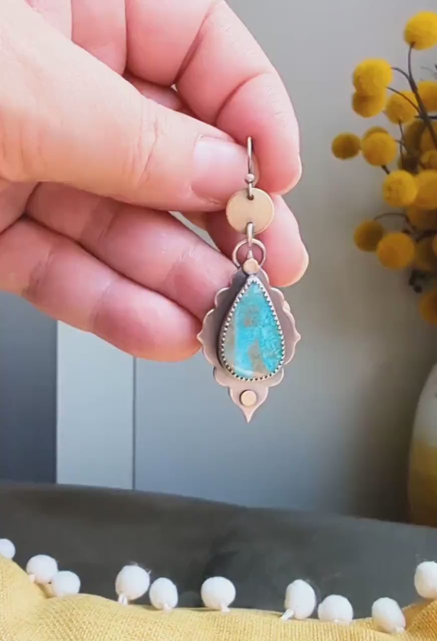 Video of silver and brass boho earrings featuring turquoise jasper and grey jasper stones