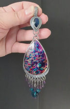 Video of XL rainbow labradorite (treated stone) pendant with bead fringe