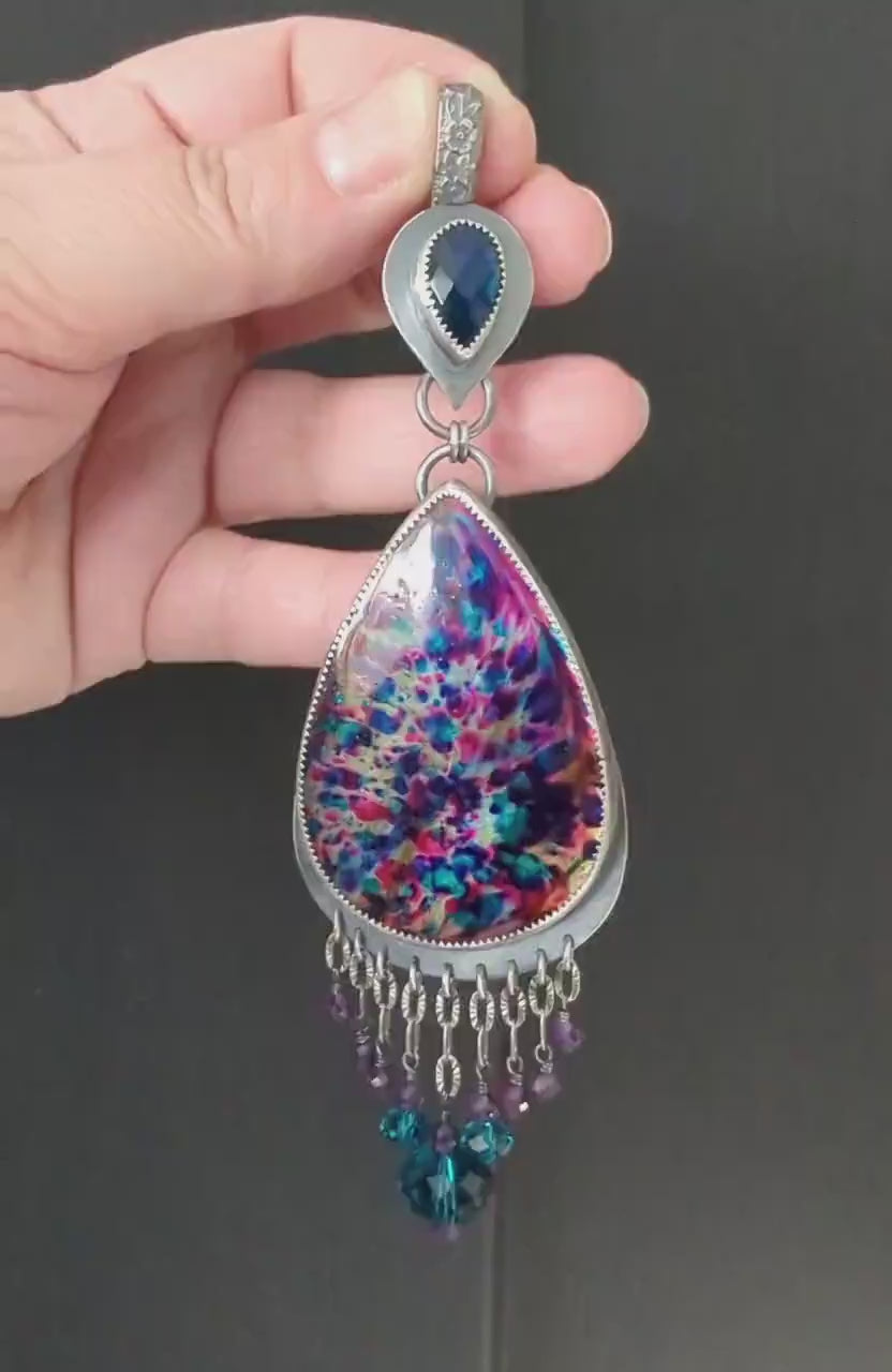 Video of XL rainbow labradorite (treated stone) pendant with bead fringe