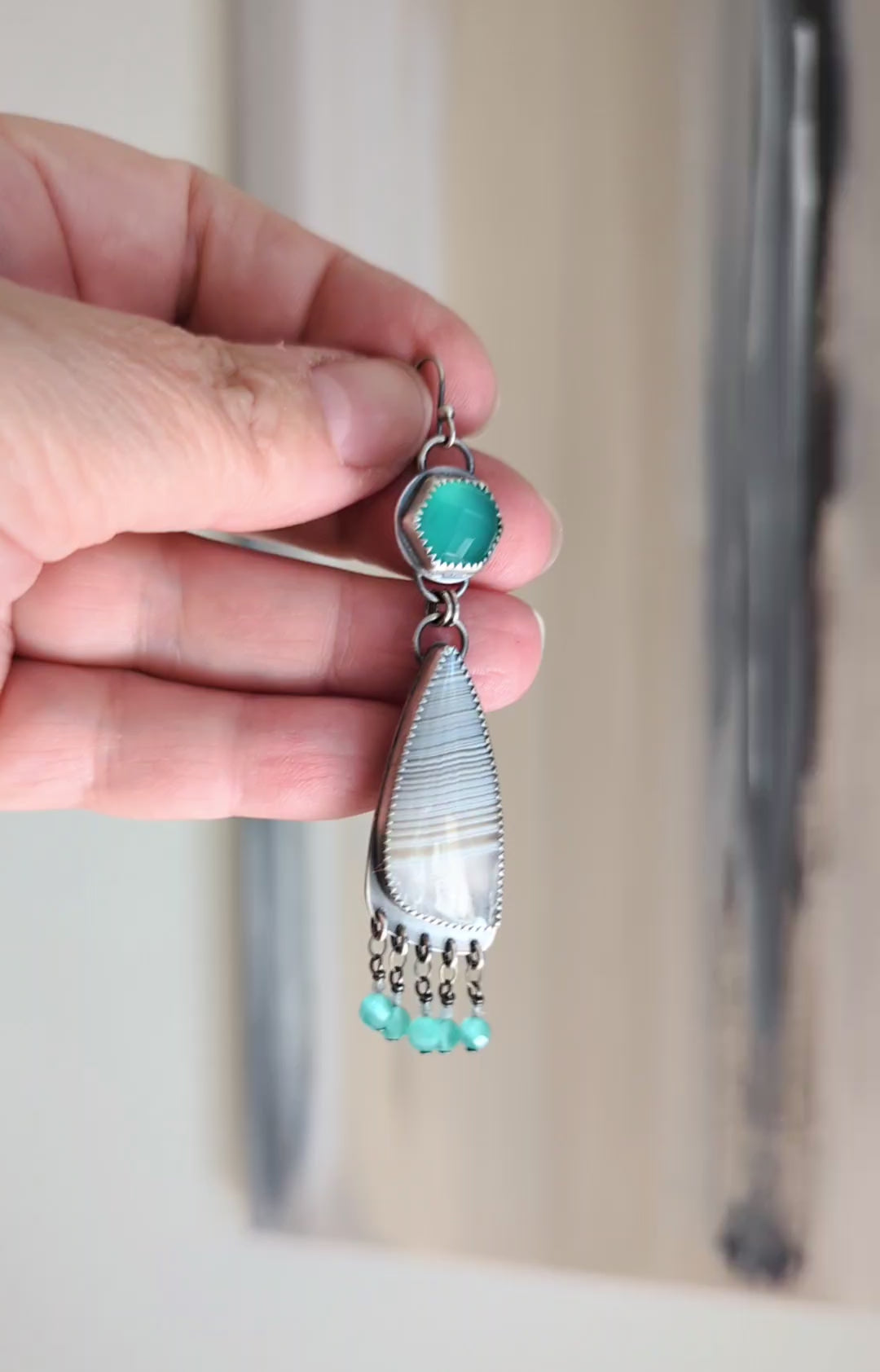 Video of beachy boho earrings with blue chalcedony and white agate by Rebellenhaus