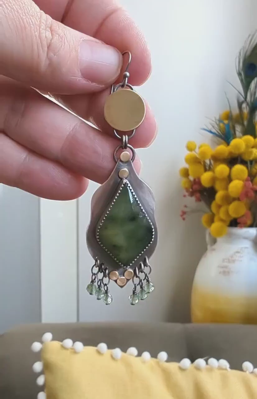 Video of mixed metal green stone earrings by Rebellenhaus