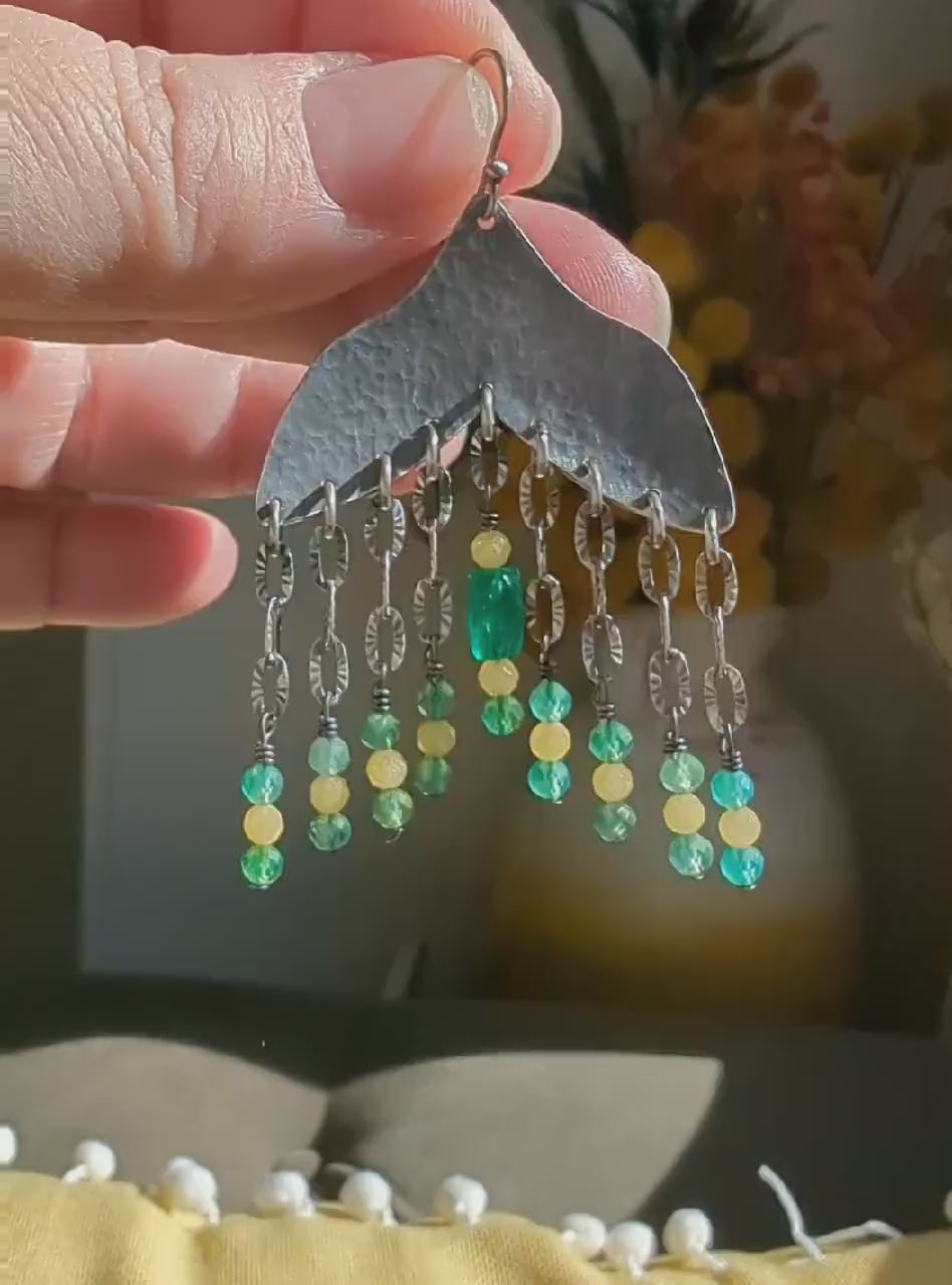 Video of artisan oxidized silver earrings with green onyx accents