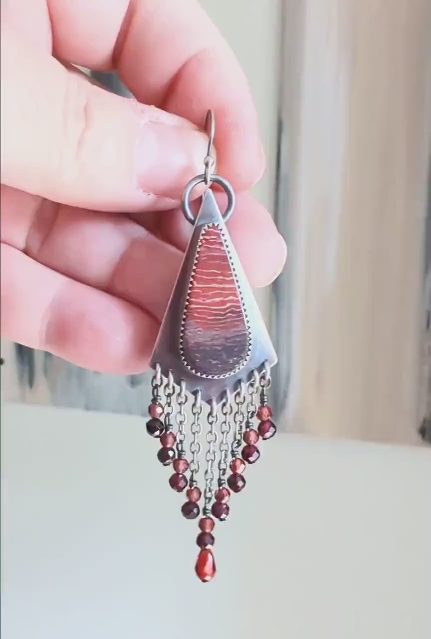 Video of chain fringe sterling silver earrings with chocolate garnet accents