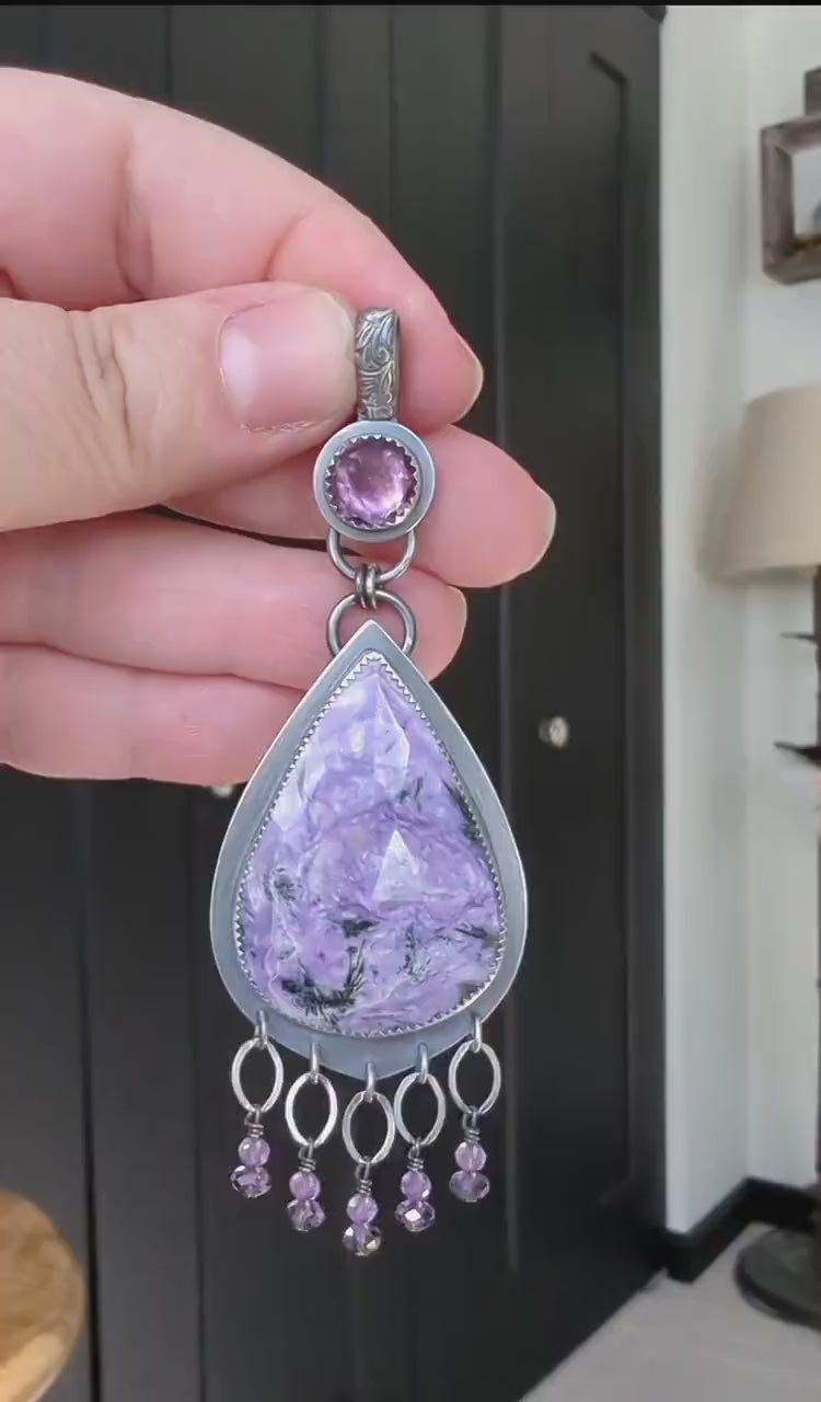Video of bright purple charoite gemstone statement pendant by Rebellenhaus