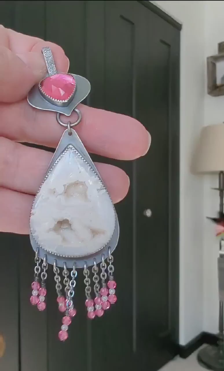 Video of white lace druzy agate necklace with pink stone accent