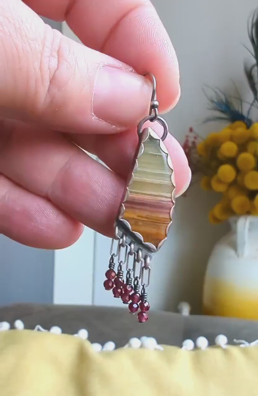 Video of natural onyx and garnet fringe earrings