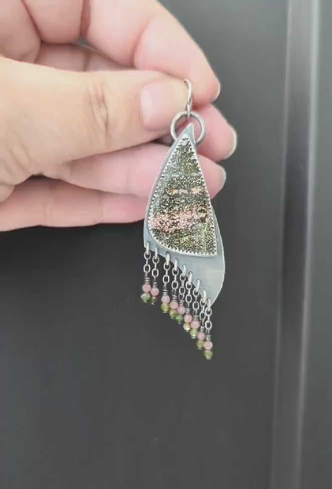 Video of pink and green stone earring with fringe 