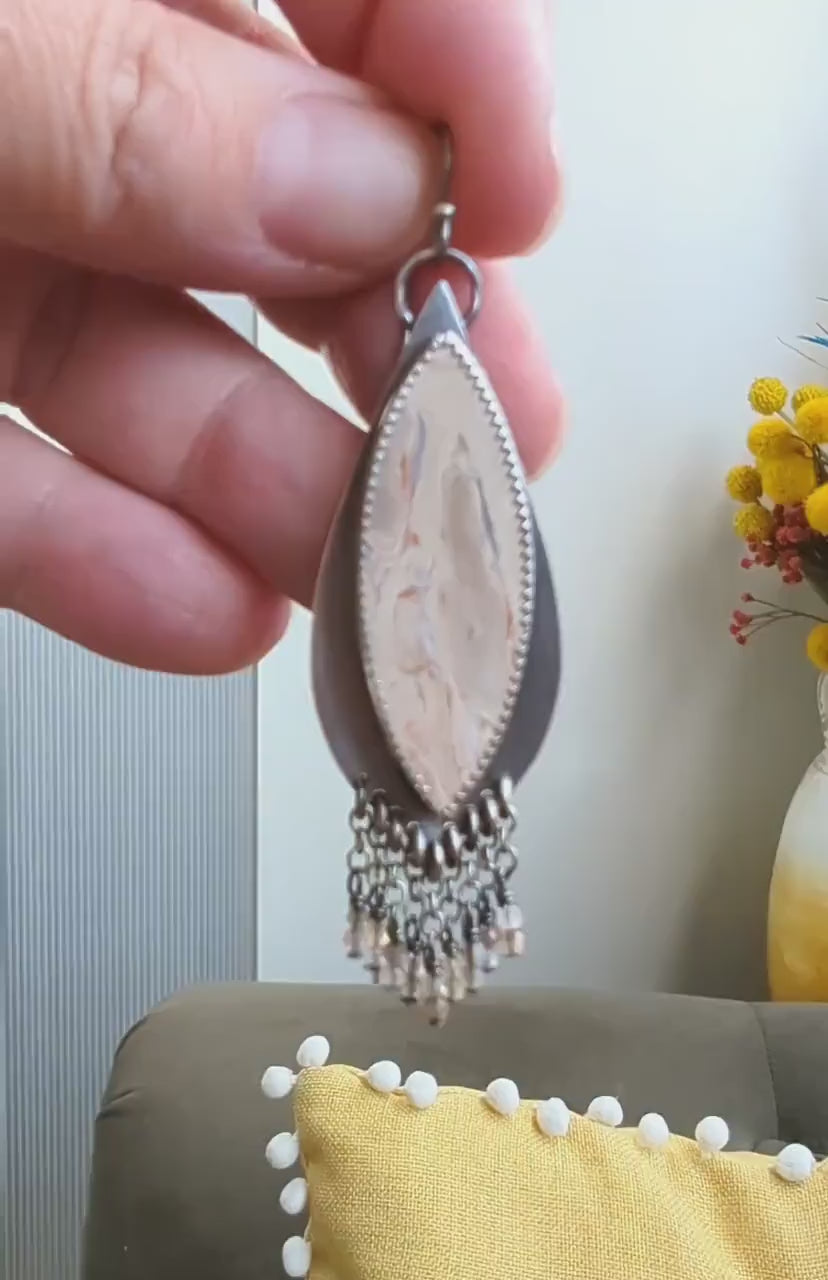 video of large artisan gemstone earrings  with sparkling bead fringe handmade by Rebellenhaus. 