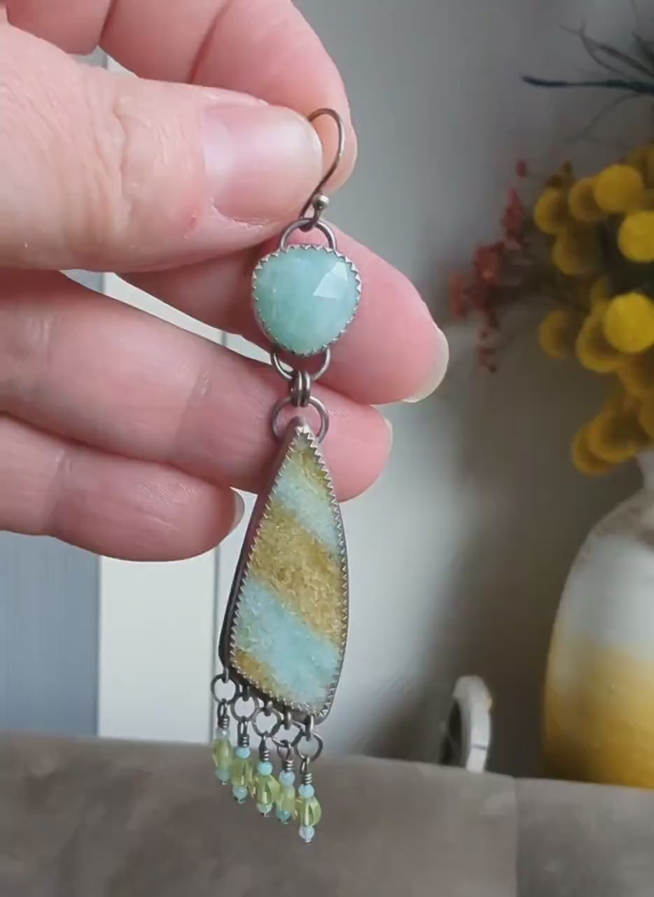 Video of one of a kind amazonite opalized wood earrings by Rebellenhaus