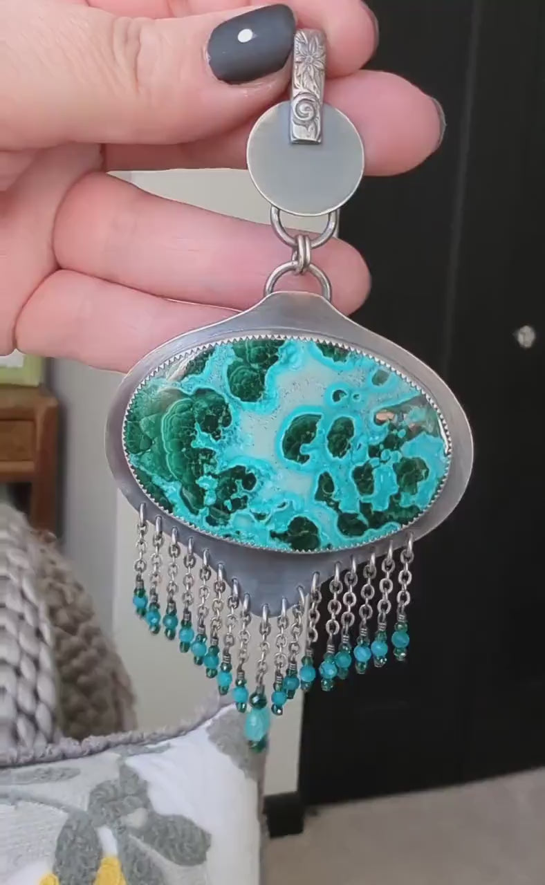 Video of collector gemstone pendant featuring chrysocolla malachite and spinel sparkle